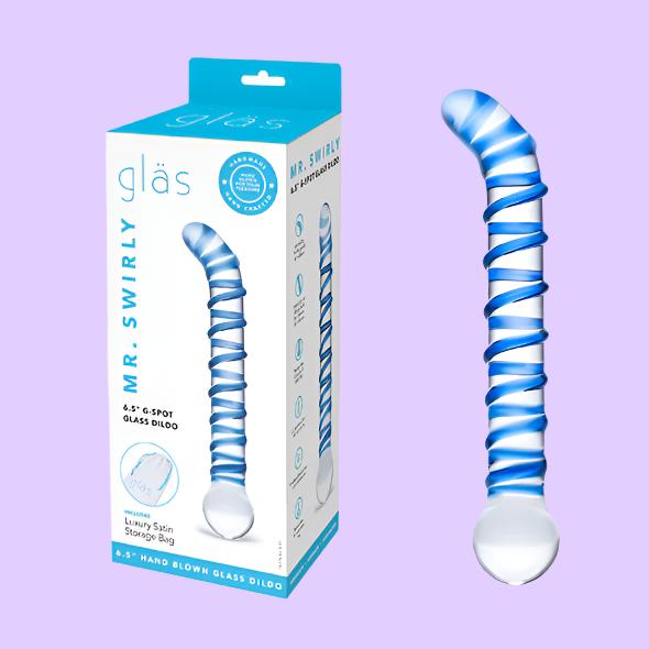 GLAS Mr. Swirly G-Spot Glass Dildo με κυρτή κεφαλή από διάφανο και μπλέ γυαλί με συσκευασία